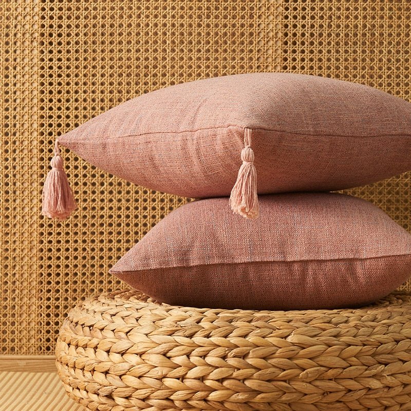 Solid Plain Linen Cotton Pillow Cover With Tassels - Maglia Fina